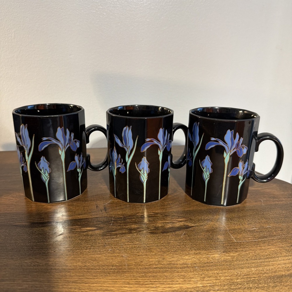 Blue Iris Otagiri Japan Black Coffee Cups Mugs Set Of 3